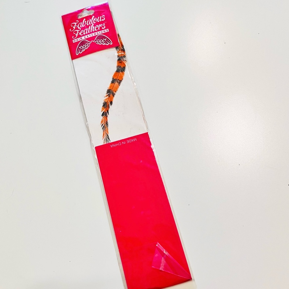 NWT Neon Orange & Black Single Strand Coon Feather Clip in Hair Extension